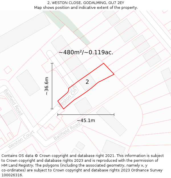 2, WESTON CLOSE, GODALMING, GU7 2EY: Plot and title map