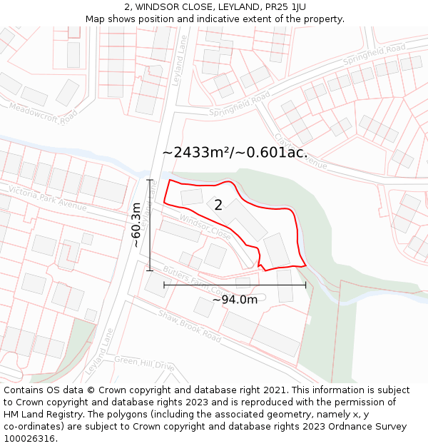 2, WINDSOR CLOSE, LEYLAND, PR25 1JU: Plot and title map