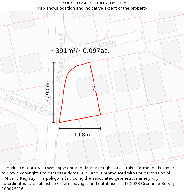 2, YORK CLOSE, STUDLEY, B80 7LA: Plot and title map