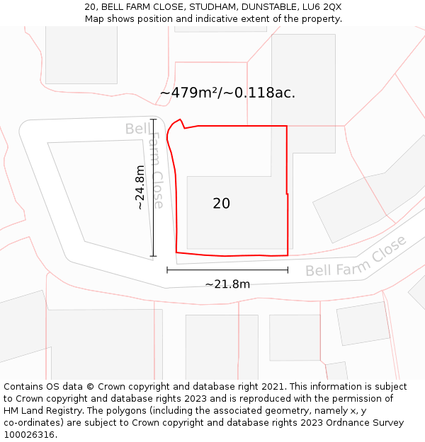 20, BELL FARM CLOSE, STUDHAM, DUNSTABLE, LU6 2QX: Plot and title map
