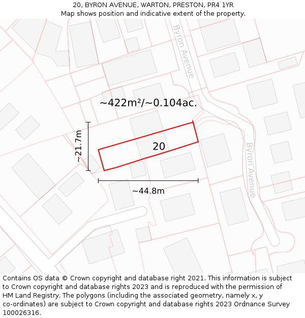 20, BYRON AVENUE, WARTON, PRESTON, PR4 1YR: Plot and title map