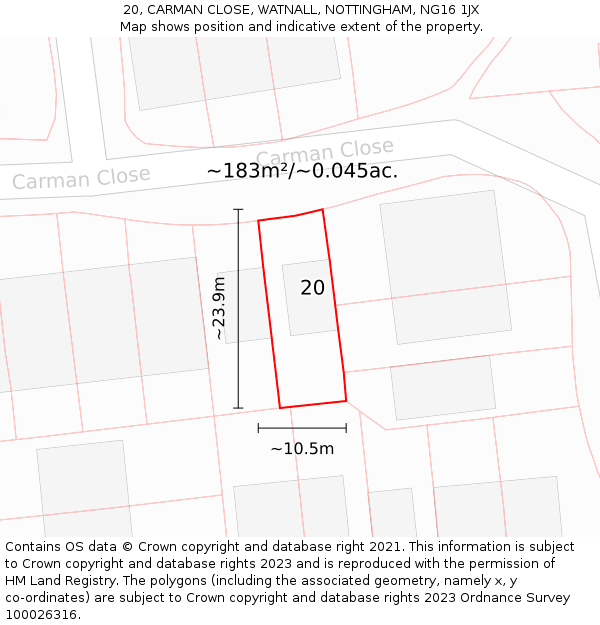 20, CARMAN CLOSE, WATNALL, NOTTINGHAM, NG16 1JX: Plot and title map
