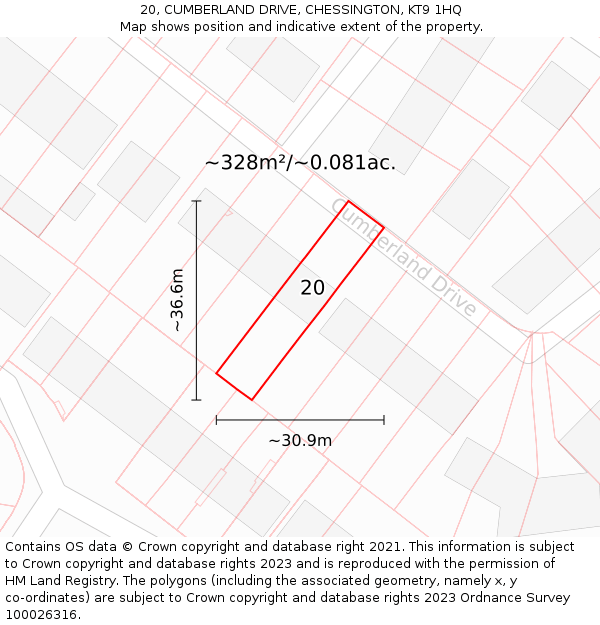 20, CUMBERLAND DRIVE, CHESSINGTON, KT9 1HQ: Plot and title map