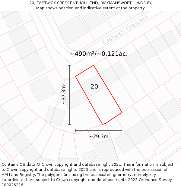 20, EASTWICK CRESCENT, MILL END, RICKMANSWORTH, WD3 8YJ: Plot and title map