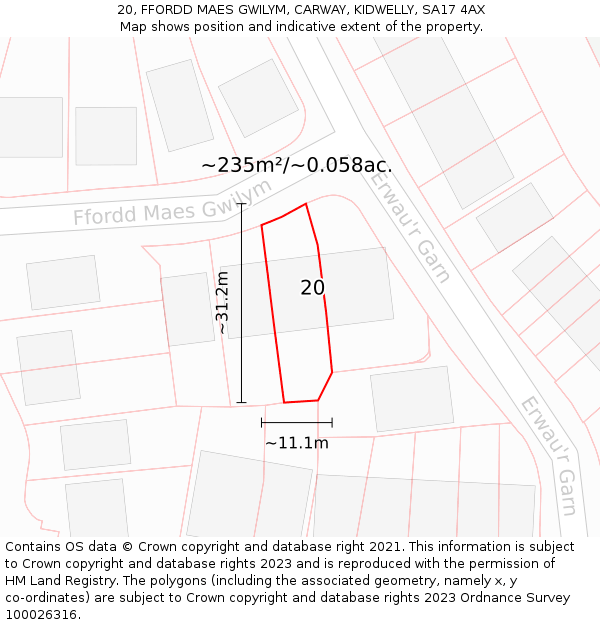 20, FFORDD MAES GWILYM, CARWAY, KIDWELLY, SA17 4AX: Plot and title map