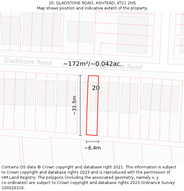 20, GLADSTONE ROAD, ASHTEAD, KT21 2NS: Plot and title map