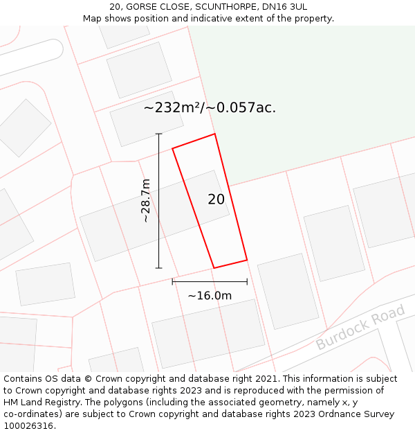 20, GORSE CLOSE, SCUNTHORPE, DN16 3UL: Plot and title map