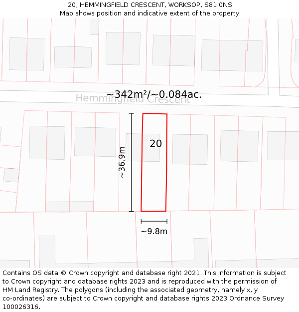 20, HEMMINGFIELD CRESCENT, WORKSOP, S81 0NS: Plot and title map