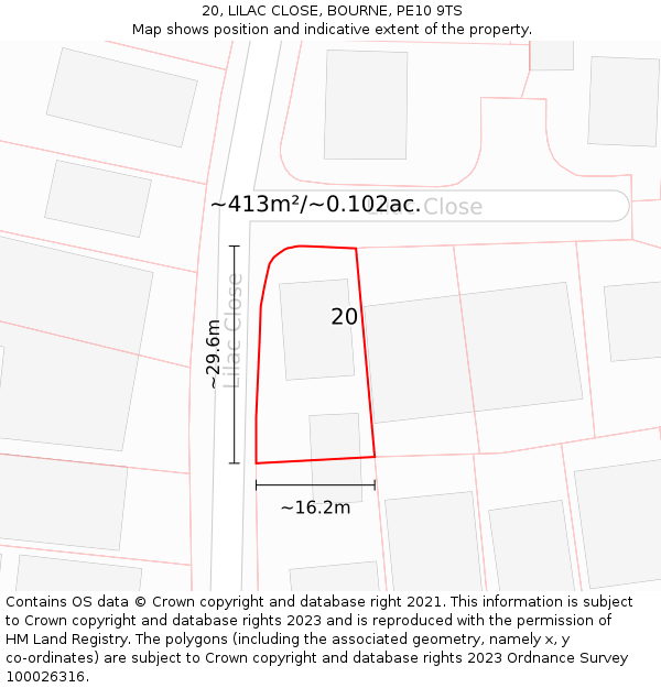 20, LILAC CLOSE, BOURNE, PE10 9TS: Plot and title map