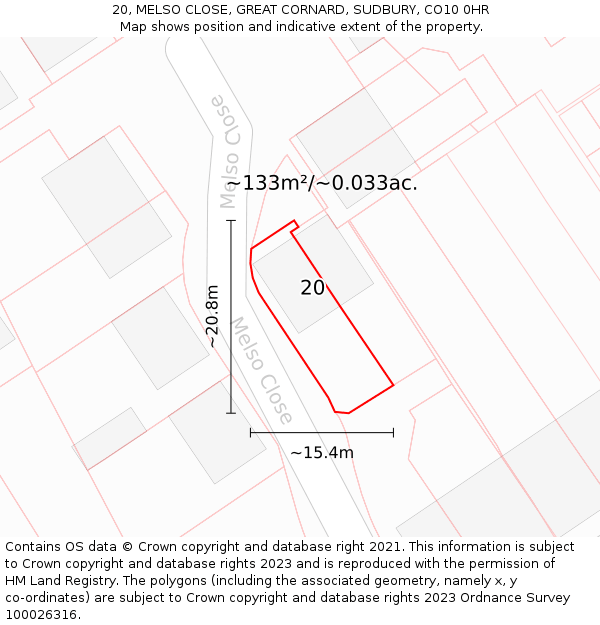20, MELSO CLOSE, GREAT CORNARD, SUDBURY, CO10 0HR: Plot and title map