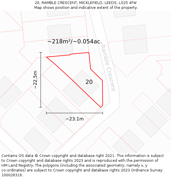 20, RAMBLE CRESCENT, MICKLEFIELD, LEEDS, LS25 4FW: Plot and title map