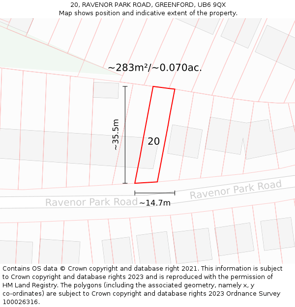 20, RAVENOR PARK ROAD, GREENFORD, UB6 9QX: Plot and title map