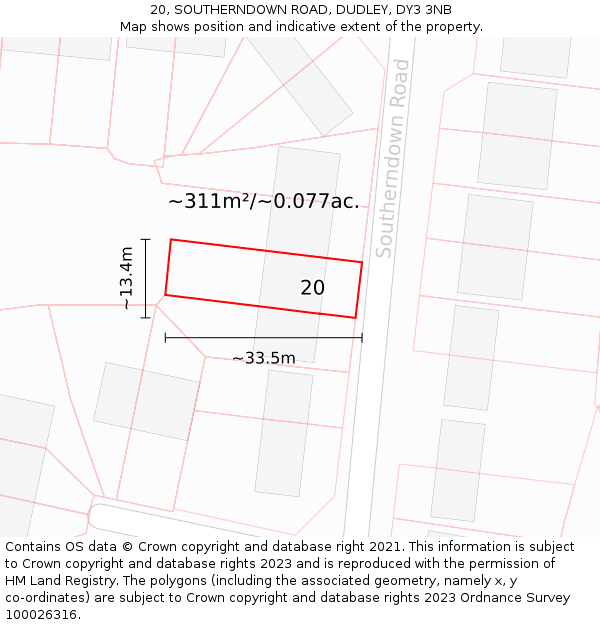 20, SOUTHERNDOWN ROAD, DUDLEY, DY3 3NB: Plot and title map