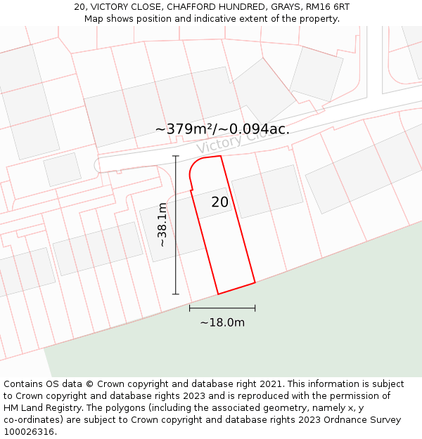 20, VICTORY CLOSE, CHAFFORD HUNDRED, GRAYS, RM16 6RT: Plot and title map