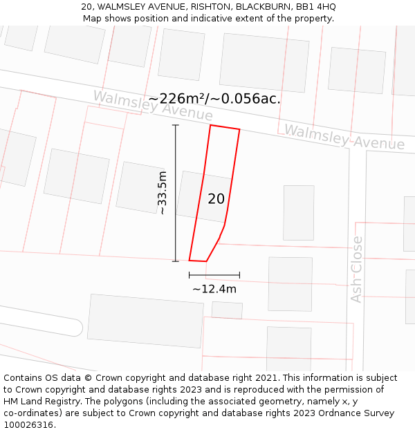 20, WALMSLEY AVENUE, RISHTON, BLACKBURN, BB1 4HQ: Plot and title map