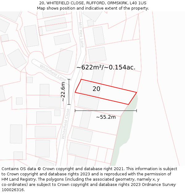 20, WHITEFIELD CLOSE, RUFFORD, ORMSKIRK, L40 1US: Plot and title map