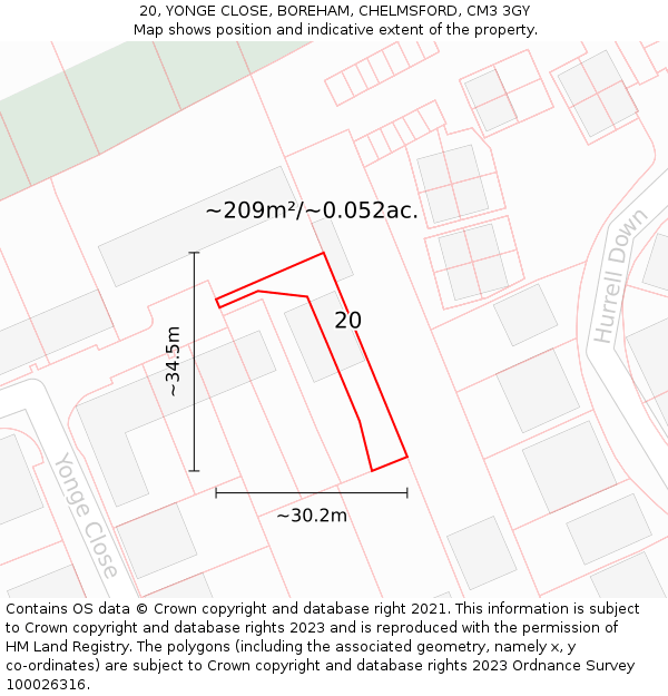 20, YONGE CLOSE, BOREHAM, CHELMSFORD, CM3 3GY: Plot and title map