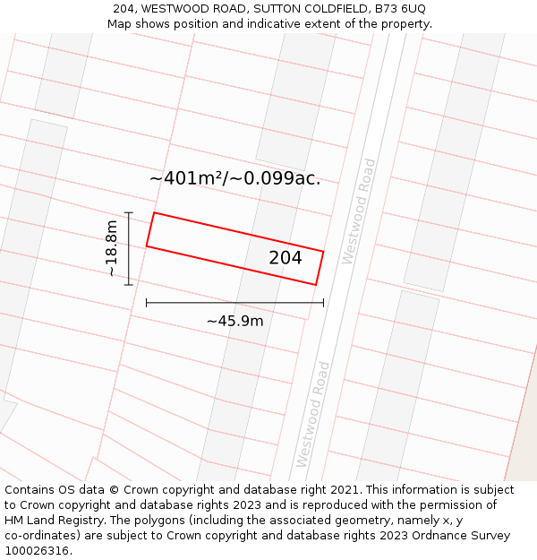 204, WESTWOOD ROAD, SUTTON COLDFIELD, B73 6UQ: Plot and title map
