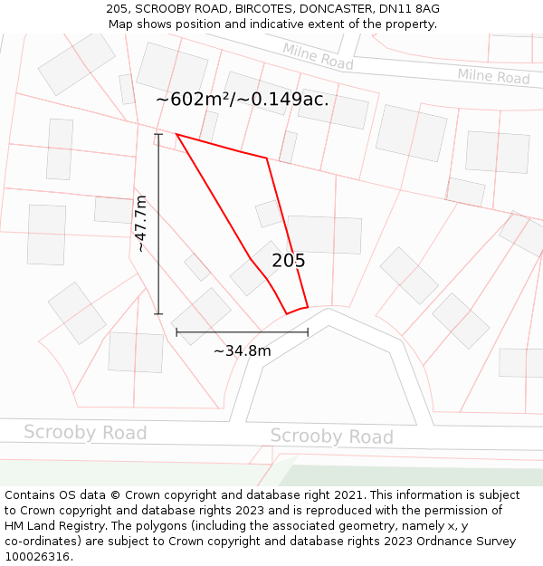 205, SCROOBY ROAD, BIRCOTES, DONCASTER, DN11 8AG: Plot and title map
