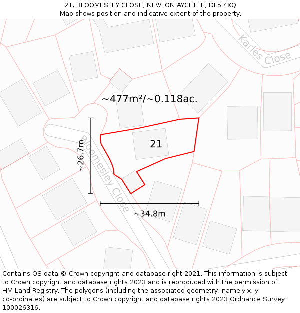 21, BLOOMESLEY CLOSE, NEWTON AYCLIFFE, DL5 4XQ: Plot and title map