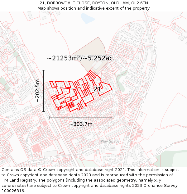 21, BORROWDALE CLOSE, ROYTON, OLDHAM, OL2 6TN: Plot and title map
