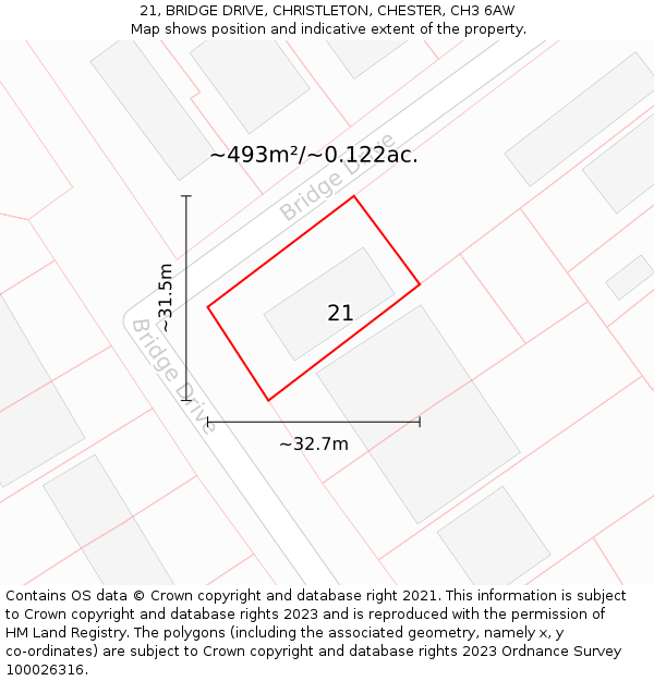 21, BRIDGE DRIVE, CHRISTLETON, CHESTER, CH3 6AW: Plot and title map