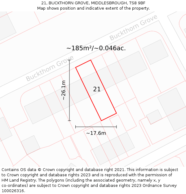 21, BUCKTHORN GROVE, MIDDLESBROUGH, TS8 9BF: Plot and title map
