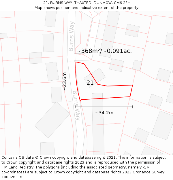 21, BURNS WAY, THAXTED, DUNMOW, CM6 2FH: Plot and title map