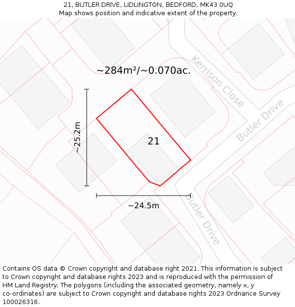 21, BUTLER DRIVE, LIDLINGTON, BEDFORD, MK43 0UQ: Plot and title map