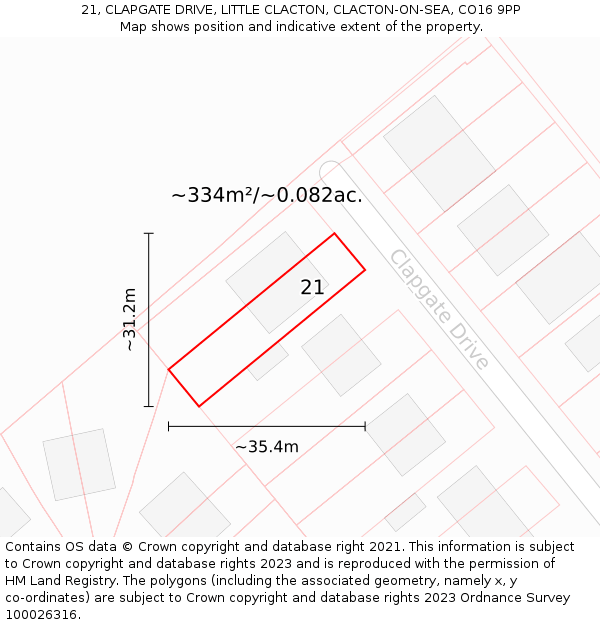 21, CLAPGATE DRIVE, LITTLE CLACTON, CLACTON-ON-SEA, CO16 9PP: Plot and title map