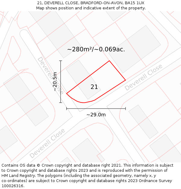 21, DEVERELL CLOSE, BRADFORD-ON-AVON, BA15 1UX: Plot and title map