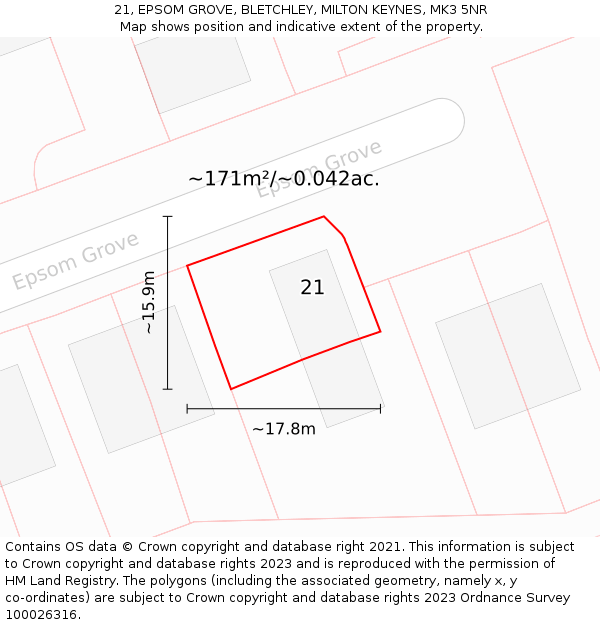 21, EPSOM GROVE, BLETCHLEY, MILTON KEYNES, MK3 5NR: Plot and title map