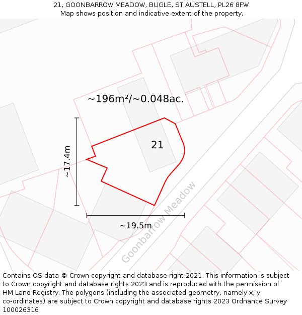 21, GOONBARROW MEADOW, BUGLE, ST AUSTELL, PL26 8FW: Plot and title map