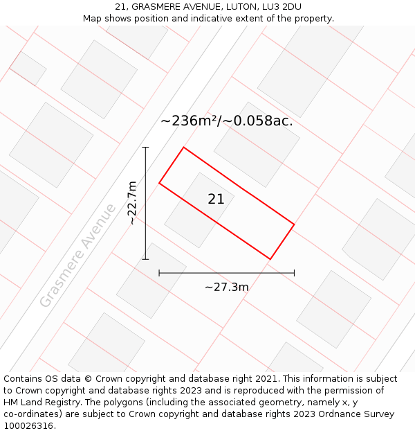 21, GRASMERE AVENUE, LUTON, LU3 2DU: Plot and title map