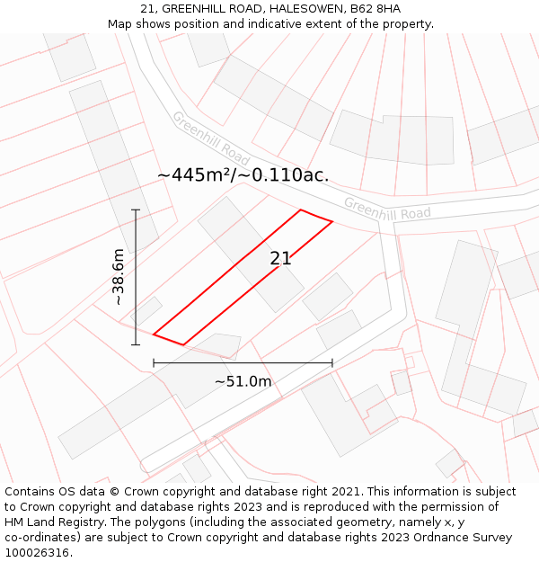 21, GREENHILL ROAD, HALESOWEN, B62 8HA: Plot and title map