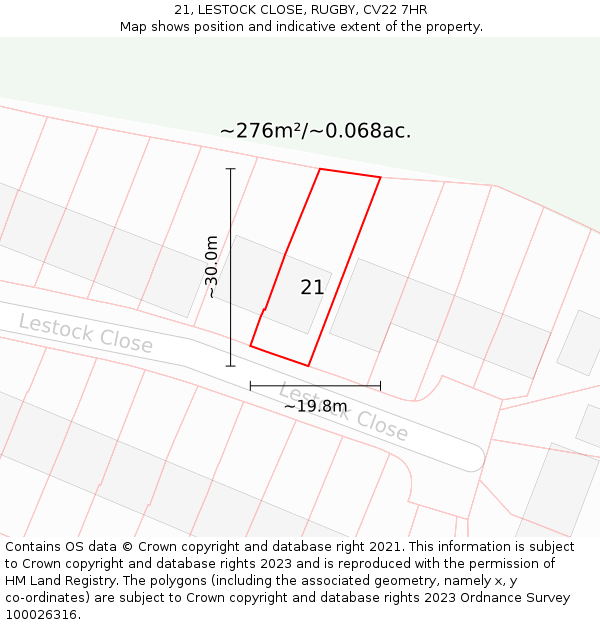 21, LESTOCK CLOSE, RUGBY, CV22 7HR: Plot and title map