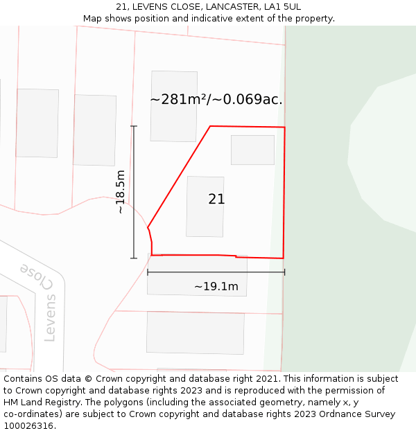 21, LEVENS CLOSE, LANCASTER, LA1 5UL: Plot and title map