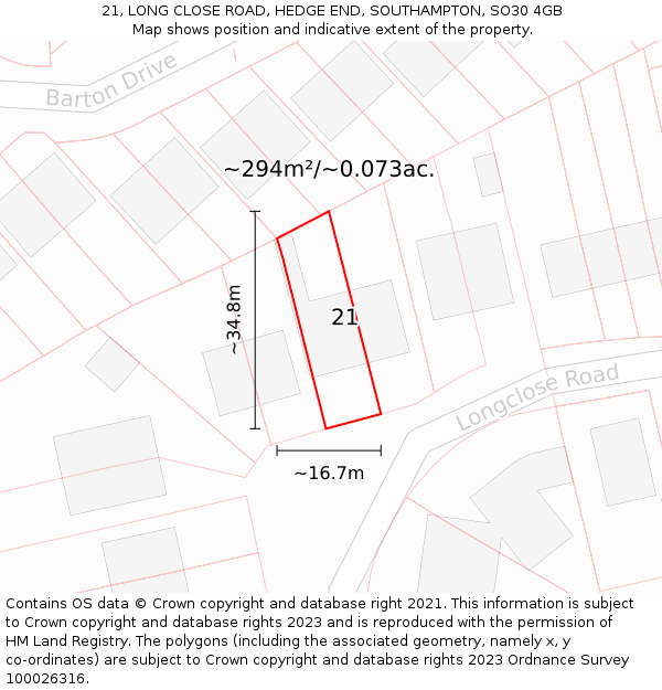 21, LONG CLOSE ROAD, HEDGE END, SOUTHAMPTON, SO30 4GB: Plot and title map