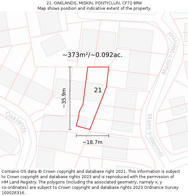 21, OAKLANDS, MISKIN, PONTYCLUN, CF72 8RW: Plot and title map