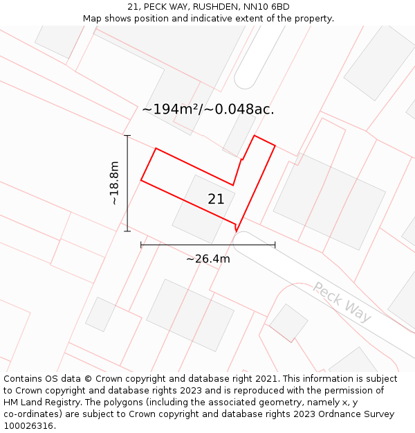 21, PECK WAY, RUSHDEN, NN10 6BD: Plot and title map