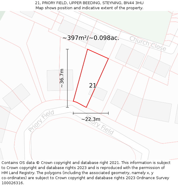 21, PRIORY FIELD, UPPER BEEDING, STEYNING, BN44 3HU: Plot and title map