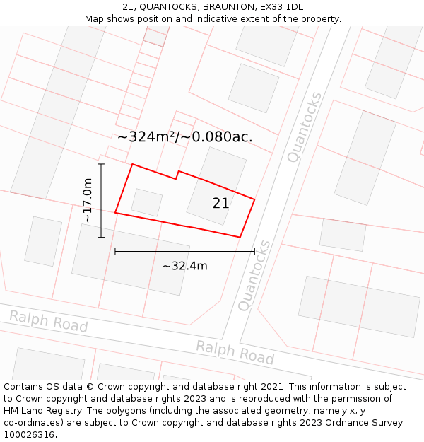21, QUANTOCKS, BRAUNTON, EX33 1DL: Plot and title map
