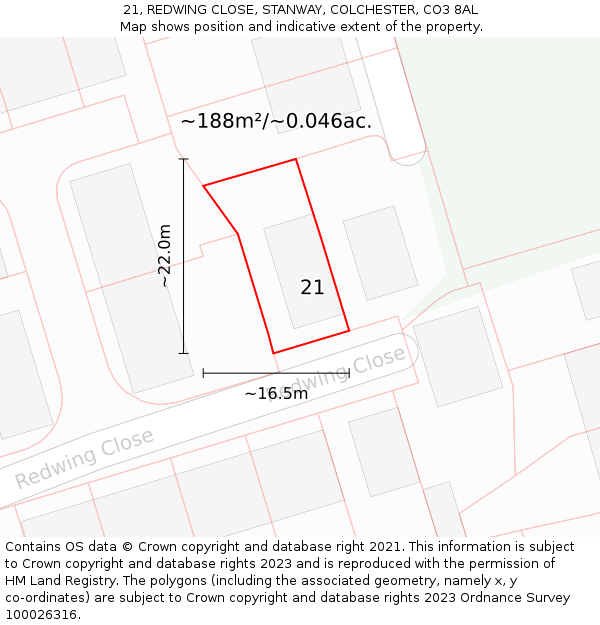 21, REDWING CLOSE, STANWAY, COLCHESTER, CO3 8AL: Plot and title map