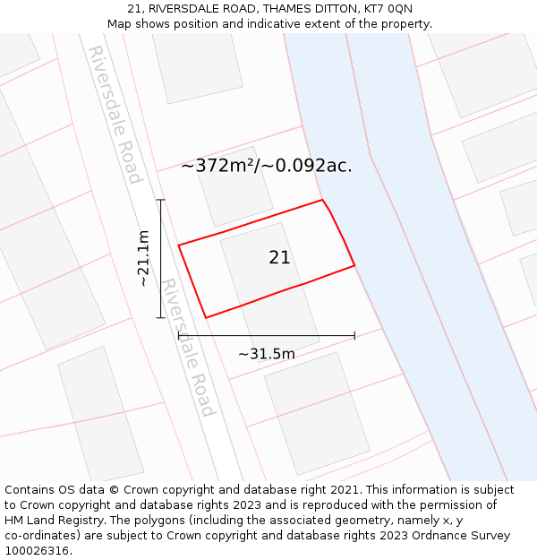 21, RIVERSDALE ROAD, THAMES DITTON, KT7 0QN: Plot and title map