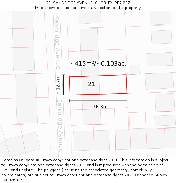 21, SANDRIDGE AVENUE, CHORLEY, PR7 2PZ: Plot and title map