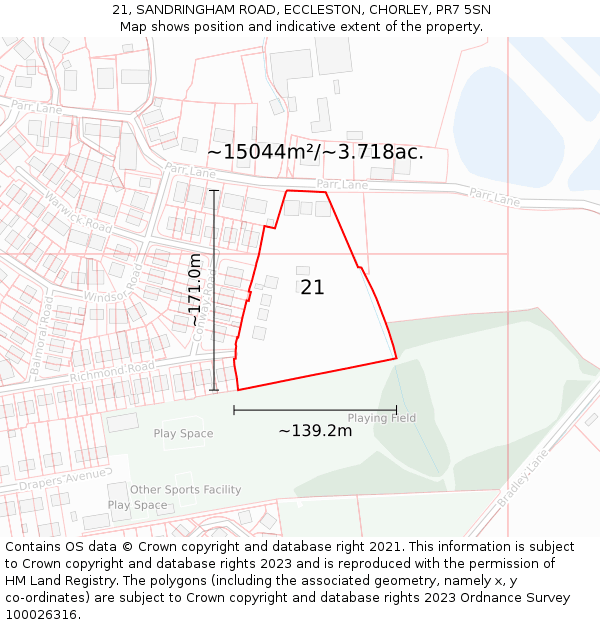 21, SANDRINGHAM ROAD, ECCLESTON, CHORLEY, PR7 5SN: Plot and title map
