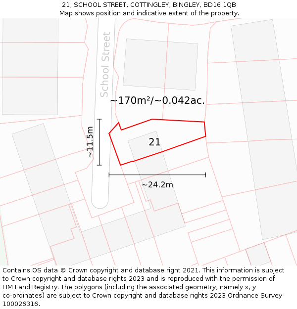 21, SCHOOL STREET, COTTINGLEY, BINGLEY, BD16 1QB: Plot and title map