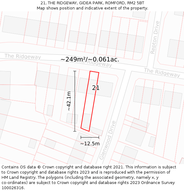 21, THE RIDGEWAY, GIDEA PARK, ROMFORD, RM2 5BT: Plot and title map