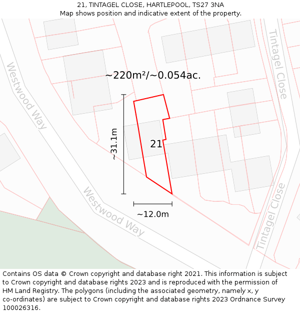 21, TINTAGEL CLOSE, HARTLEPOOL, TS27 3NA: Plot and title map