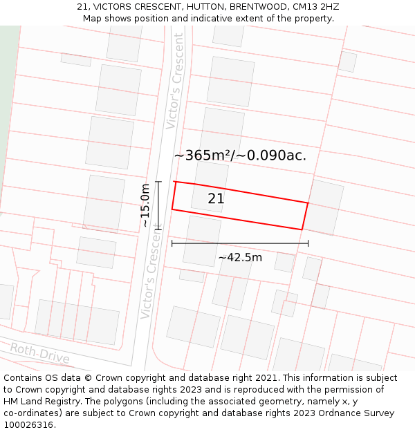21, VICTORS CRESCENT, HUTTON, BRENTWOOD, CM13 2HZ: Plot and title map